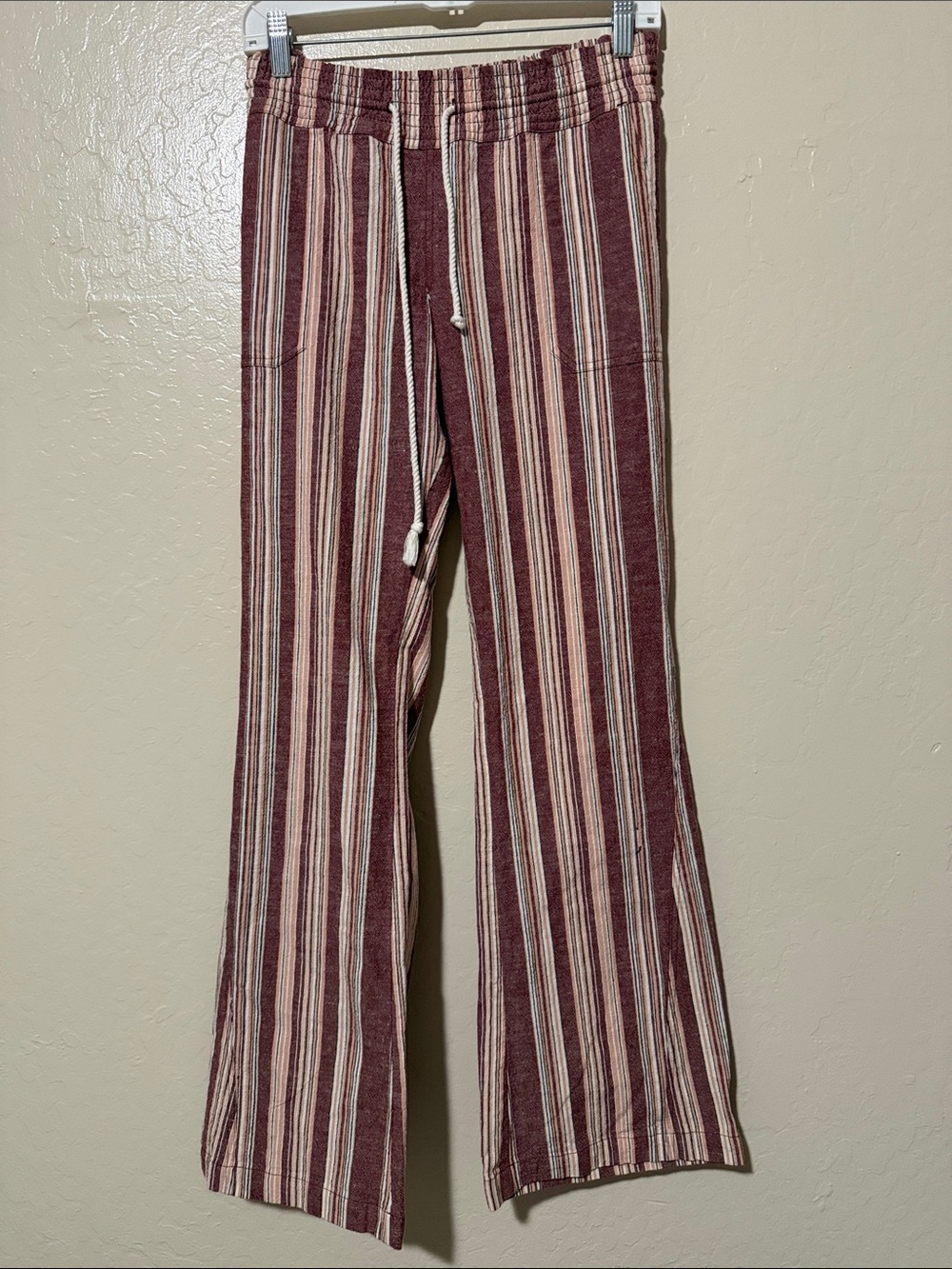 Roxy Maroon and Cream Striped Wide-Leg Drawstring Pants Trousers Size L